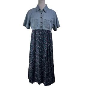 Vintage Cherokee Button Front Dress Denim Cotton Floral Size Large Blue